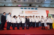 Representatives of the Hong Kong Delegation take an oath in the presence of Mr Cheung (sixth left) and other officiating guests.  The delegates are the winners of the “WorldSkills Hong Kong Competition” jointly organised by the Vocational Training Council, Construction Industry Council, Clothing Industry Training Authority and the Industrial Centre of The Hong Kong Polytechnic University or representatives chosen by the trade experts.