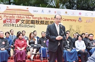 The Secretary for Labour and Welfare, Mr Matthew Cheung Kin-chung, officiated at 145 Parade‧Man Mo Temple Rites Kick-off Ceremony organised by Tung Wah Group of Hospitals (TWGHs) to commemorate its 145th anniversary. Picture shows Mr Cheung delivering a speech at the ceremony.