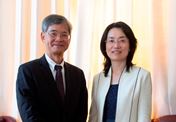 The Secretary for Labour and Welfare, Dr Law Chi-kwong, is conducting a six-day visit in Ireland and met with the Chargé d'Affaires of the Embassy of the People's Republic of China in Ireland, Ms Yang Hua, in Dublin to update her on the recent developments in Hong Kong. Photo shows Dr Law (left) with Ms Yang.