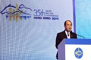 The Secretary for Labour and Welfare, Mr Matthew Cheung Kin-chung, delivers a speech in a plenary session of the 35th Asian Racing Conference to address how horse racing has brought social benefits to Hong Kong from the perspective of community investment, societal engagement and helping the needy.