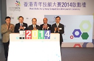 The Secretary for Labour and Welfare, Mr Matthew Cheung Kin-chung (centre), officiates at the WorldSkills Hong Kong Competition 2014 Launch Ceremony. Other officiating guests include Chairman of the Standing Committee on Youth Skills Competition, Mr Herman Hui (second right), Chairman of Vocational Training Council, Dr Clement Chen (second left), Chairman of Construction Industry Council, Mr Lee Shing-see (first right) and Executive Director of Clothing Industry Training Authority, Professor Philip Yeung (first left).