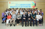 The Secretary for Labour and Welfare, Mr Matthew Cheung Kin-chung (front row, centre), the award sponsors Mr Wong Yu-pok and his wife (front row, second and first left), and the Executive Director of the Hongkong Federation of Youth Groups, Dr Rosanna Wong (front row, third left) are pictured with the awardees of the 2013 HKFYG Felix Wong Youth Improvement Award.