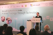 The Secretary for Labour and Welfare, Mr Matthew Cheung Kin-chung, delivers a speech on the Government's effort in improving the well-being of elderly people and promoting active ageing at the Microsoft CityNext Forum Series: A Better Third Age Through Technology organised by Microsoft.
