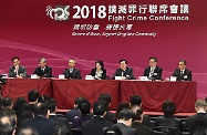 (From left) The Secretary for Education, Mr Kevin Yeung; the Secretary for Labour and Welfare, Dr Law Chi-kwong; the Secretary for Home Affairs, Mr Lau Kong-wah; the Chairperson of the 2018 Fight Crime Conference, Ms Alexandra Lo; the Secretary for Security, Mr John Lee; the Commissioner of Police, Mr Stephen Lo; and the Commissioner of Correctional Services, Mr Woo Ying-ming, attended the 2018 Fight Crime Conference.