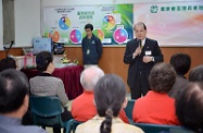The Secretary for Labour and Welfare, Mr Matthew Cheung Kin-chung (right), visited the Hong Kong Society for the Aged Tsuen Wan District Elderly Community Centre. After watching a mini-film, "Stage for the Aged", recently produced by the Steering Committee on Population Policy, with the elderly members, Mr Cheung encouraged them to actively express their views in the Population Policy Public Engagement Exercise before the consultation period ends on February 23, 2014.
