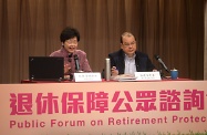 The Secretary for Labour and Welfare, Mr Matthew Cheung Kin-chung (right), accompanies the Chief Secretary for Administration and Chairperson of the Commission on Poverty, Mrs Carrie Lam (left), to attend a public forum on retirement protection at the Princess Alexandra Community Centre in Tsuen Wan to gauge the views of the public.