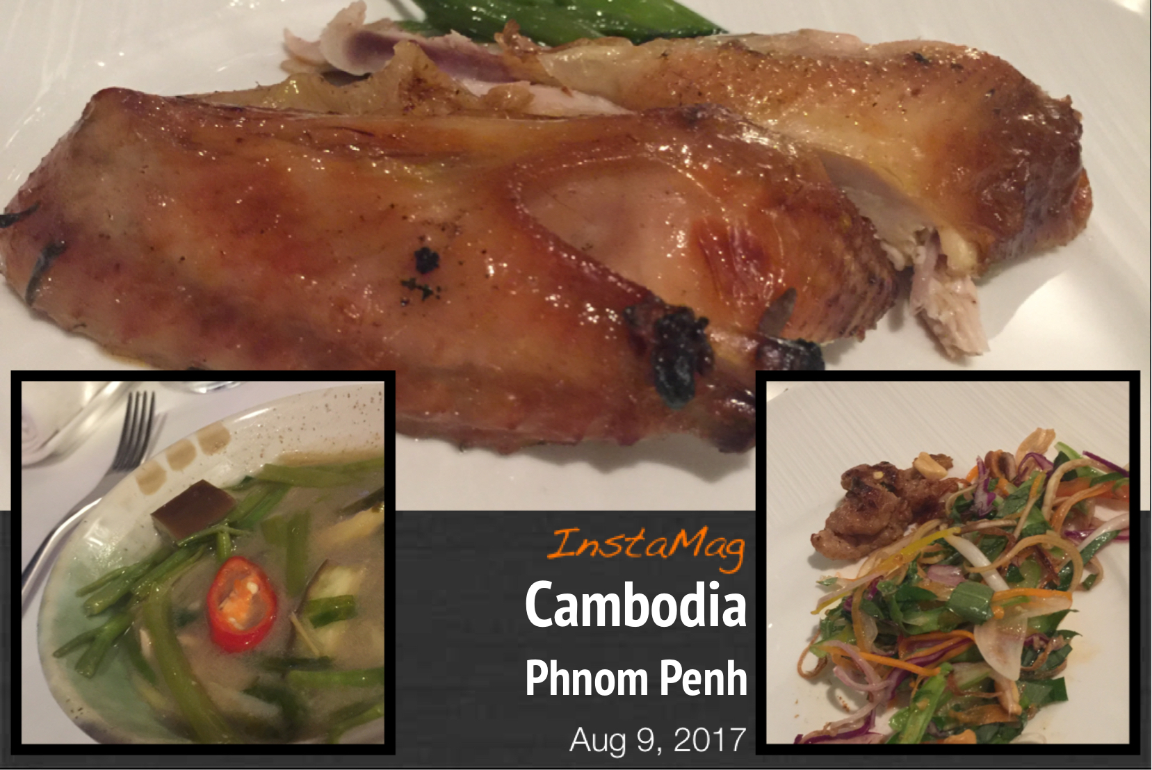 勞工及福利局局長羅致光博士在柬埔寨訪問期間，品嚐有名的柬埔寨菜，包括圖中的酸湯、芭蕉花做的沙律和燒鷄。