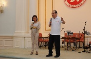 Mr Cheung (right) and his Political Assistant, Ms Jade Lai (left) interact with the elderly participants and fill the hall with laughter with quiz and jokes relating to the well being of senior citizens and current affairs.