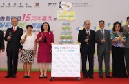 The Secretary for Labour and Welfare, Mr Matthew Cheung Kin-chung, attended the Jockey Club Centre for Positive Ageing (JCCPA) 15th Anniversary Celebration cum "Dementia Concern Campaign" Closing Ceremony. Mr Cheung (fifth right) is pictured with Steward of The Hong Kong Jockey Club, Mrs Margaret Leung (fifth left), the Pro-Vice-Chancellor of The Chinese University of Hong Kong, Professor Fok Tai-fai (third left), the Director of JCCPA, Professor Timothy Kwok (second right), the Chairman of the Elderly Commission, Professor Alfred Chan (second left), the Chairman of The Charles K. Kao Foundation for Alzheimer's Disease, Mrs Gwen Kao (fourth left), the Honorable Ambassador of the Campaign, Ms Paula Tsui (third right), and other officiating guests.