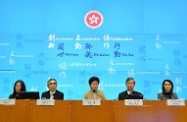 The Chief Executive, Mrs Carrie Lam (centre), holds a press conference on the implementation of a range of labour and welfare measures. Also present are the Secretary for Financial Services and the Treasury, Mr James Lau (second left); the Secretary for Labour and Welfare, Dr Law Chi-kwong (second right); the Director of Social Welfare, Ms Carol Yip (first right); and the Principal Assistant Secretary for Financial Services and the Treasury (Treasury), Ms Tracy Chu (first left).