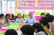 勞工及福利局局長張建宗（左四）到香港社區組織協會深水埗辦事處與新移民婦女會面，了解她們對就業培訓和幼兒託管服務的意見和需要。