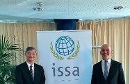 The Secretary for Labour and Welfare, Dr Law Chi-kwong, visited the International Social Security Association (ISSA) to exchange views on challenges arising from an ageing population yesterday (June 17, Geneva time) amid meetings of the Centenary Conference of the International Labour Organization in Geneva, Switzerland. Photo shows Dr Law (left) with the Secretary General of the ISSA, Mr Marcelo Abi-Ramia Caetano.