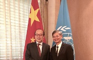 The Secretary for Labour and Welfare, Dr Law Chi-kwong (right), called on the Ambassador Extraordinary and Plenipotentiary and Permanent Representative of the People's Republic of China to the United Nations Office at Geneva and other International Organizations in Switzerland, Mr Chen Xu, to update him on the latest labour market and economic situation in Hong Kong yesterday (June 17, Geneva time).