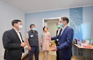 The Chief Secretary for Administration, Mr John Lee, visited Penny's Bay Quarantine Centre on Lantau Island this afternoon (September 7) to view the preparatory work for opening some of the quarantine units at the centre for foreign domestic helpers arriving in Hong Kong. Photo shows Mr Lee (first left), accompanied by the Secretary for Labour and Welfare, Dr Law Chi-kwong (second right), and the Secretary for Food and Health, Professor Sophia Chan (centre), touring a quarantine unit and being briefed by the Commissioner of the Civil Aid Service, Mr Lo Yan-lai (first right), on its facilities.