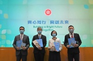 The Secretary for Labour and Welfare, Dr Law Chi-kwong (second left); the Secretary for Food and Health, Professor Sophia Chan (second right); the Secretary for Education, Mr Kevin Yeung (first left); and the Secretary for Home Affairs, Mr Caspar Tsui (first right), host a press conference today (October 8) to elaborate on initiatives in 'The Chief Executive's 2021 Policy Address' under their ambit.