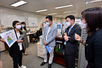The Secretary for Labour and Welfare, Mr Chris Sun, visited service units of Sha Tin District of the Social Welfare Department this afternoon (August 31) to keep abreast of the latest developments of frontline services. The Under Secretary for Labour and Welfare, Mr Ho Kai-ming, also joined the visit. Photo shows Mr Sun (second right) and Mr Ho (third right) being briefed by an officer of the Sha Tin (South) Integrated Family Service Centre on its family resource unit, family support unit and family counselling unit, providing preventive, supportive and remedial family services to families in need.