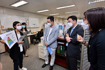 勞工及福利局局長孫玉菡今日（八月三十一日）下午到訪社會福利署沙田區服務單位，了解前線服務的最新發展。勞工及福利局副局長何啟明亦有同行。圖示孫玉菡（右二）及何啟明（右三）聽取南沙田綜合家庭服務中心人員介紹，透過家庭資源組、家庭支援組和家庭輔導組，為有需要家庭提供預防、支援和補救性的家庭服務。