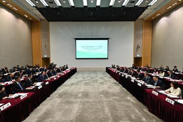 The Chief Executive, Mr John Lee, led the Hong Kong Special Administrative Region Government delegation to attend the 23rd Plenary of the Hong Kong/Guangdong Co-operation Joint Conference in the Central Government Offices today (March 21). Photo shows Mr Lee (fifth right) and the Governor of Guangdong Province, Mr Wang Weizhong (fifth left), co-chairing the Plenary. Also joining the meeting were the Chief Secretary for Administration, Mr Chan Kwok-ki (sixth right), and other officials from both sides.