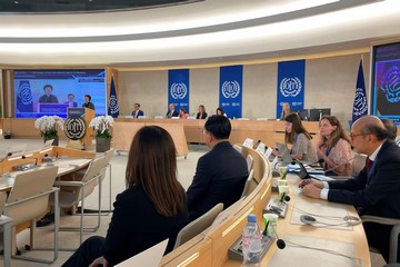 The Secretary for Labour and Welfare, Mr Chris Sun, arrived in Geneva, Switzerland, on June 8 (Geneva time) and started his visit. He was joined by the Commissioner for Labour, Ms May Chan. Photo shows Mr Sun (front row, second left) and Ms Chan (front row, first left) at the plenary sitting of the 111th Session of the International Labour Conference as part of the delegation of the People's Republic of China on June 9 morning, listening to the address of the Minister of Human Resources and Social Security, Ms Wang Xiaoping, on the development of labour affairs of the country.