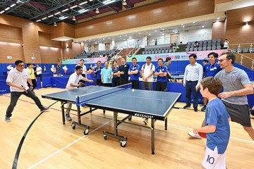 The Secretary for Security, Mr Tang Ping-keung, and the Secretary for Labour and Welfare, Mr Chris Sun, joined the public for sports and recreation programmes at Po Kong Village Road Sports Centre this afternoon (August 6) as part of the Sport For All Day 2023 organised by the Leisure and Cultural Services Department. Photo shows Mr Tang (first left) and Mr Sun (second left) playing table tennis with members of the public.