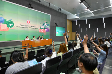 The Chief Secretary for Administration, Mr Chan Kwok-ki, is joined by the Secretary for Education, Dr Choi Yuk-lin; the Secretary for Home and Youth Affairs, Miss Alice Mak; and the Secretary for Labour and Welfare, Mr Chris Sun, at a press conference today (September 19) to elaborate on initiatives for the development of education, talent, labour, youth and community care in "The Chief Executive