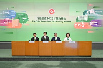 The Deputy Chief Secretary for Administration, Mr Cheuk Wing-hing (second right); the Secretary for the Civil Service, Mrs Ingrid Yeung (first right); the Secretary for Innovation, Technology and Industry, Professor Sun Dong (second left); and the Secretary for Labour and Welfare, Mr Chris Sun (first left), hold a press conference today (September 20) to elaborate on "The Chief Executive