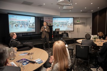 Hong Kong Talent Engage (HKTE) co-organised a start-up roundtable session with Invest Hong Kong in Sydney, Australia, on August 7. Photo shows the Director of HKTE, Mr Felix Chan, introducing entrepreneurship development and financing opportunities in Hong Kong and other cities in the Guangdong-Hong Kong-Macao Greater Bay Area to local start-up representatives.