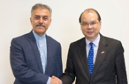 The Secretary for Labour and Welfare, Mr Matthew Cheung Kin-chung (right), meets with the Consul-General of Iran in Hong Kong, Dr Mehdi Fakheri, to exchange views on matters of mutual interest.