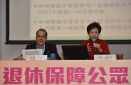 The Secretary for Labour and Welfare, Mr Matthew Cheung Kin-chung (left), accompanies the Chief Secretary for Administration and Chairperson of the Commission on Poverty, Mrs Carrie Lam (right), to attend a public forum on retirement protection at Leighton Hill Community Hall in Happy Valley to gauge the views of the public.