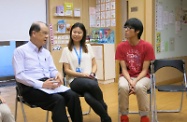 The Secretary for Labour and Welfare, Mr Matthew Cheung Kin-chung, respectively met with three former hidden youths in Yuen Long and Tuen Mun. Picture shows Mr Cheung (first left) chatting with a former hidden youth (first right) to understand how he stepped out of his solitary past under the assistance of social workers from Hong Kong Christian Service.