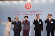 The Chief Executive, Mrs Carrie Lam, attended a Labour Day reception hosted by the Labour Department. Photo shows (from left) the Permanent Secretary for Labour and Welfare, Ms Chang King-yiu; the Chief Secretary for Administration, Mr Matthew Cheung Kin-chung; Mrs Lam; the Secretary for Labour and Welfare, Dr Law Chi-kwong; and the Commissioner for Labour, Mr Carlson Chan, at the toasting ceremony.