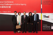 Mr Cheung (centre) is pictured with Executive Director of the Vocational Training Council, Mrs Carrie Yau (second right), President of the Technological and Higher Education Institute of Hong Kong, Professor David Lim (first right), Professor of the Faculty of Science and Technology of the Technological and Higher Education Institute of Hong Kong, Professor Kris Wong (first left), and Project Manager of the Supportive Work-team for Active-ageing Network Office of the Vocational Training Council, Ms Yang Shun-lai (second left).