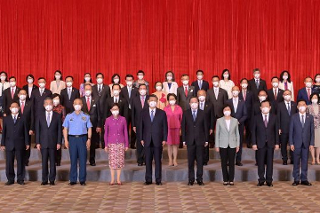 President Xi Jinping (front row, centre) is pictured with the Chief Executive, Mrs Carrie Lam (front row, sixth left), and members of the executive, the legislature and the judiciary, as well as the Principal Officials and Permanent Secretaries of the fifth-term Government of the Hong Kong Special Administrative Region this afternoon (June 30). The Secretary for Labour and Welfare, Dr Law Chi-kwong (second row, first left), and the Permanent Secretary for Labour and Welfare, Ms Alice Lau (last row, eighth left), also attended.